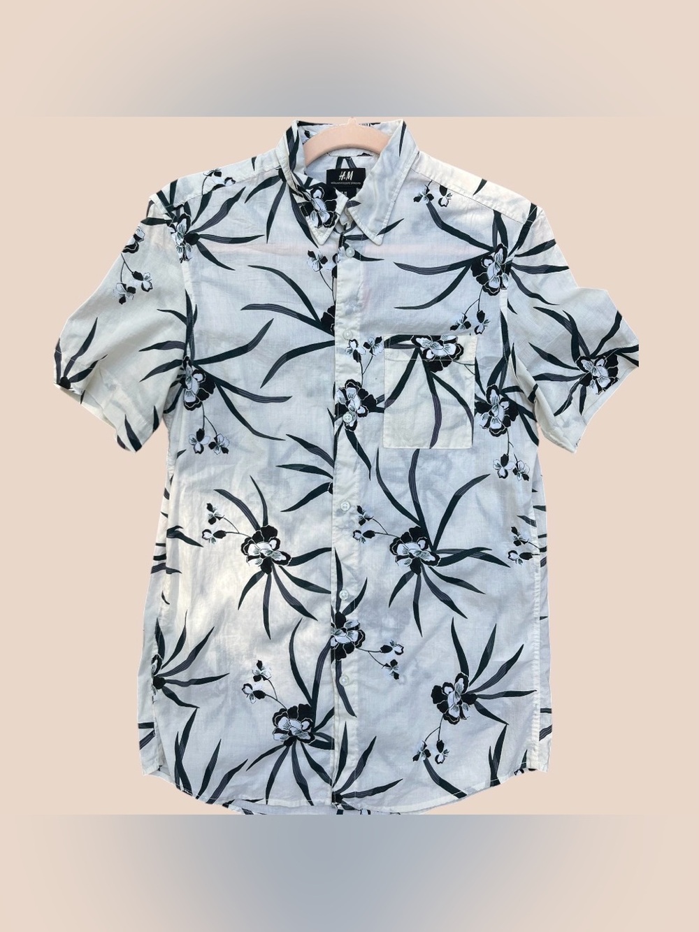 H&M White Short-Sleeve Button-Down with Black Floral Print